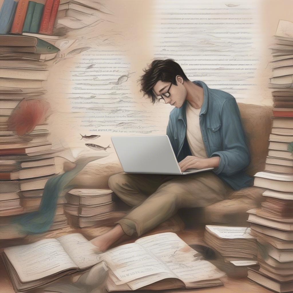 A person searching for love quotes on their laptop, surrounded by books and notes.