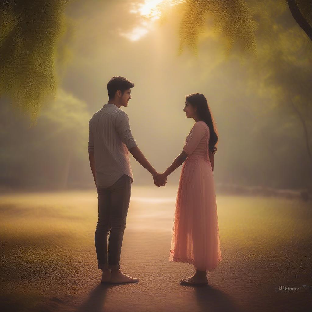 Young couple holding hands, gazing at each other with adoration – a visual representation of first love's innocence.