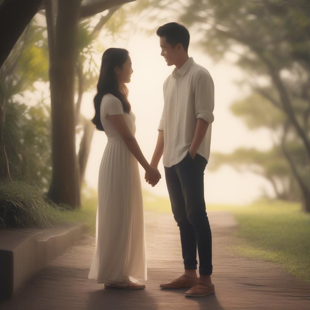 Young Couple Holding Hands and Smiling, Sharing a First Love Moment