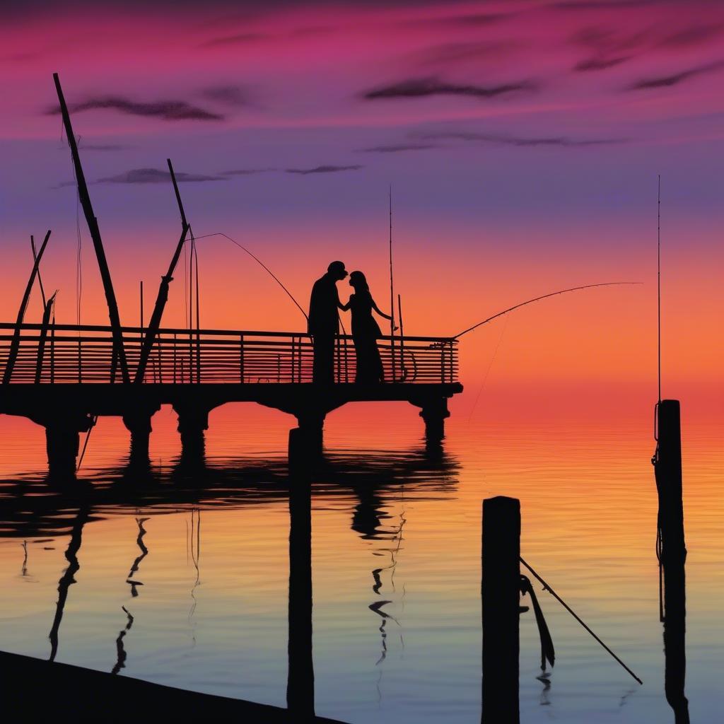 Romantic couple gazing at a sunset, fishing rods resting beside them