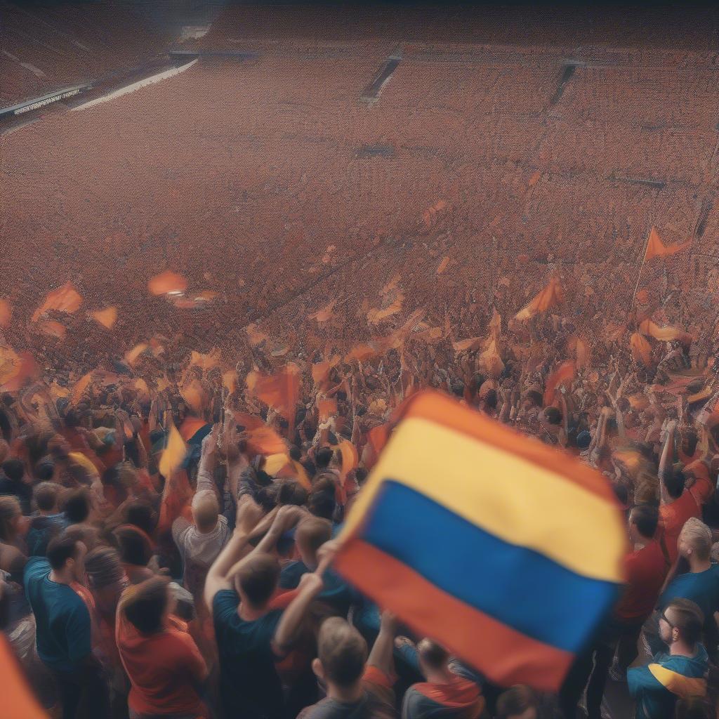 Fans celebrating a goal in a packed stadium