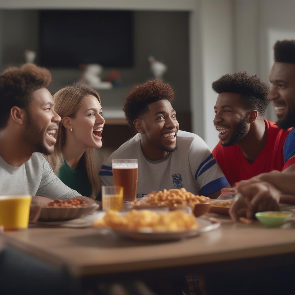 Friends watching a football game together at home