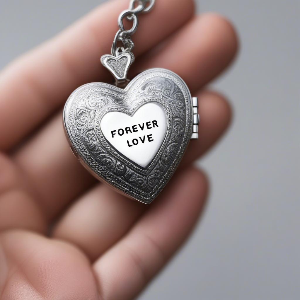 A silver heart-shaped locket engraved with "Forever Love"