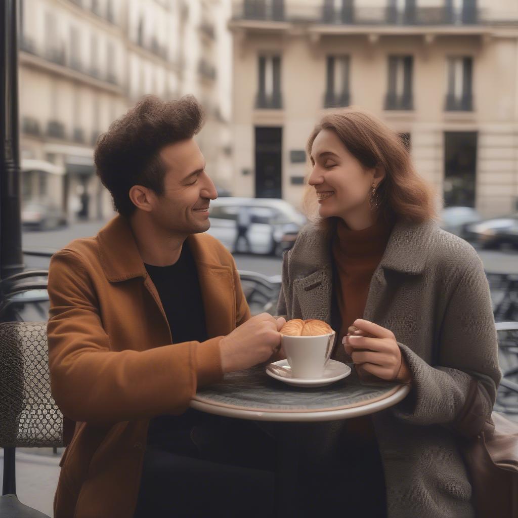 A couple sharing a croissant and coffee at a Parisian cafe.