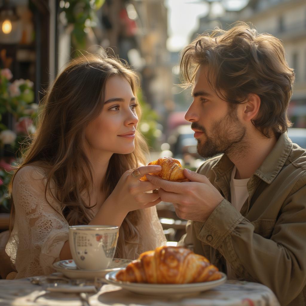 Couple Sharing a Moment in a Parisian Cafe with Love Quotes