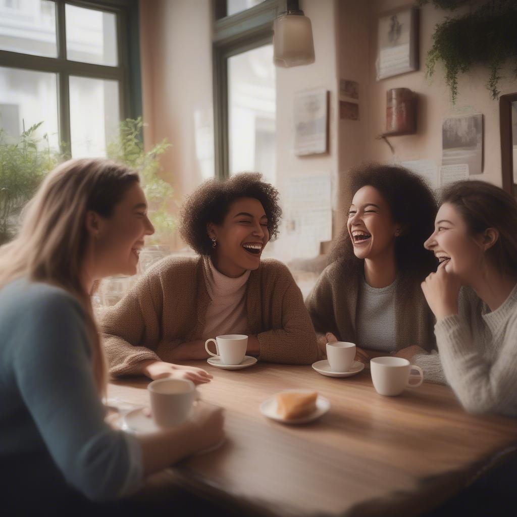 Group of friends laughing together at a cafe, enjoying each other's company and sharing a lighthearted moment.