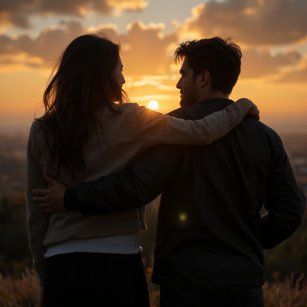 Friends silhouetted against a vibrant sunset