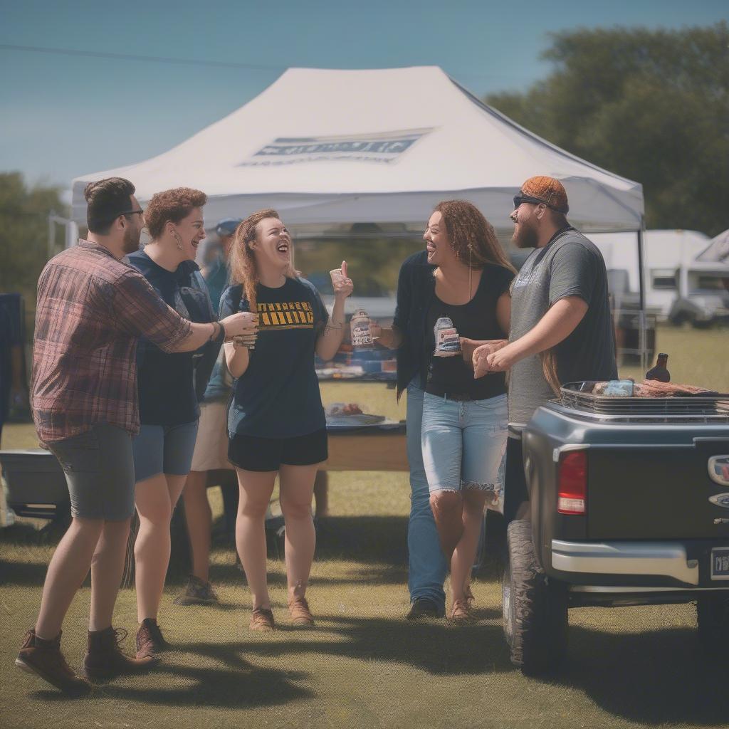 A group of friends enjoys tailgating before a football game, with food, drinks, and football-themed decorations.