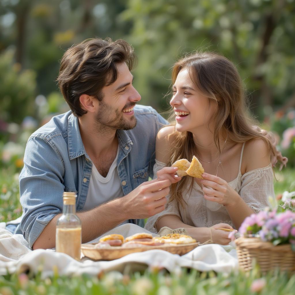 A couple laughing together, enjoying a picnic in a park.