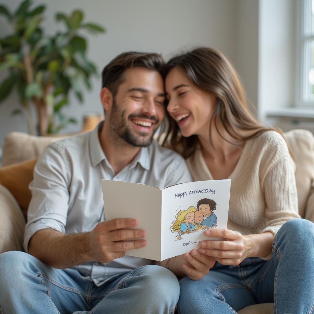 Couple laughing together while reading a funny anniversary card