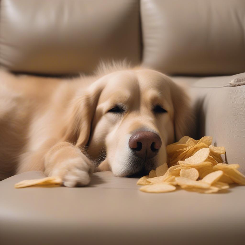 Dog sleeping soundly on the couch, snoring softly