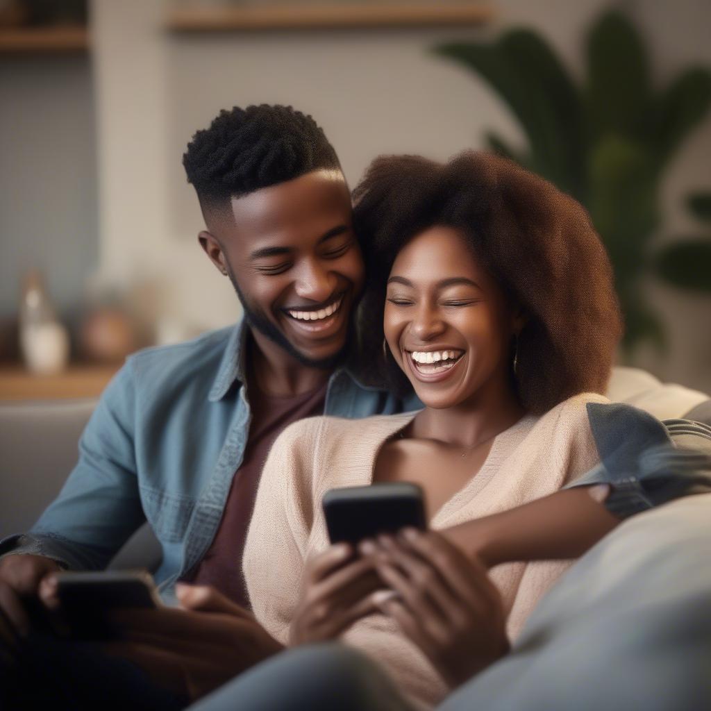 Couple laughing together while looking at a phone with funny quotes