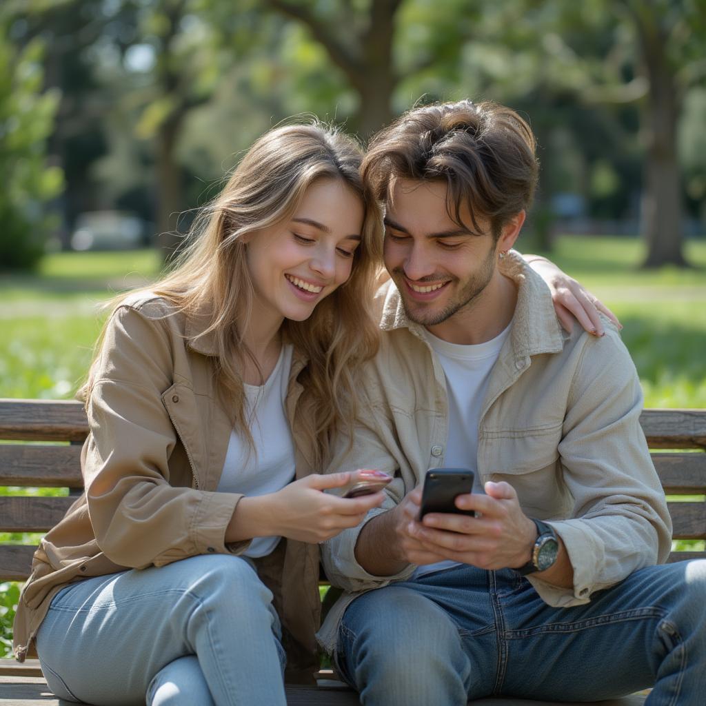 Couple laughing while reading funny love quotes on a phone