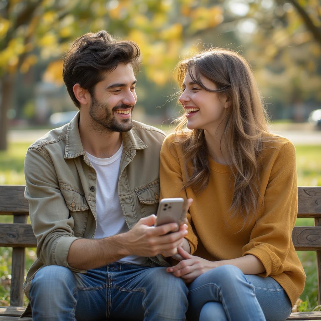 Couple laughing together while reading funny love quotes on a phone.