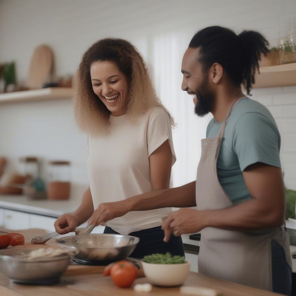 A couple laughing together while cooking in the kitchen.