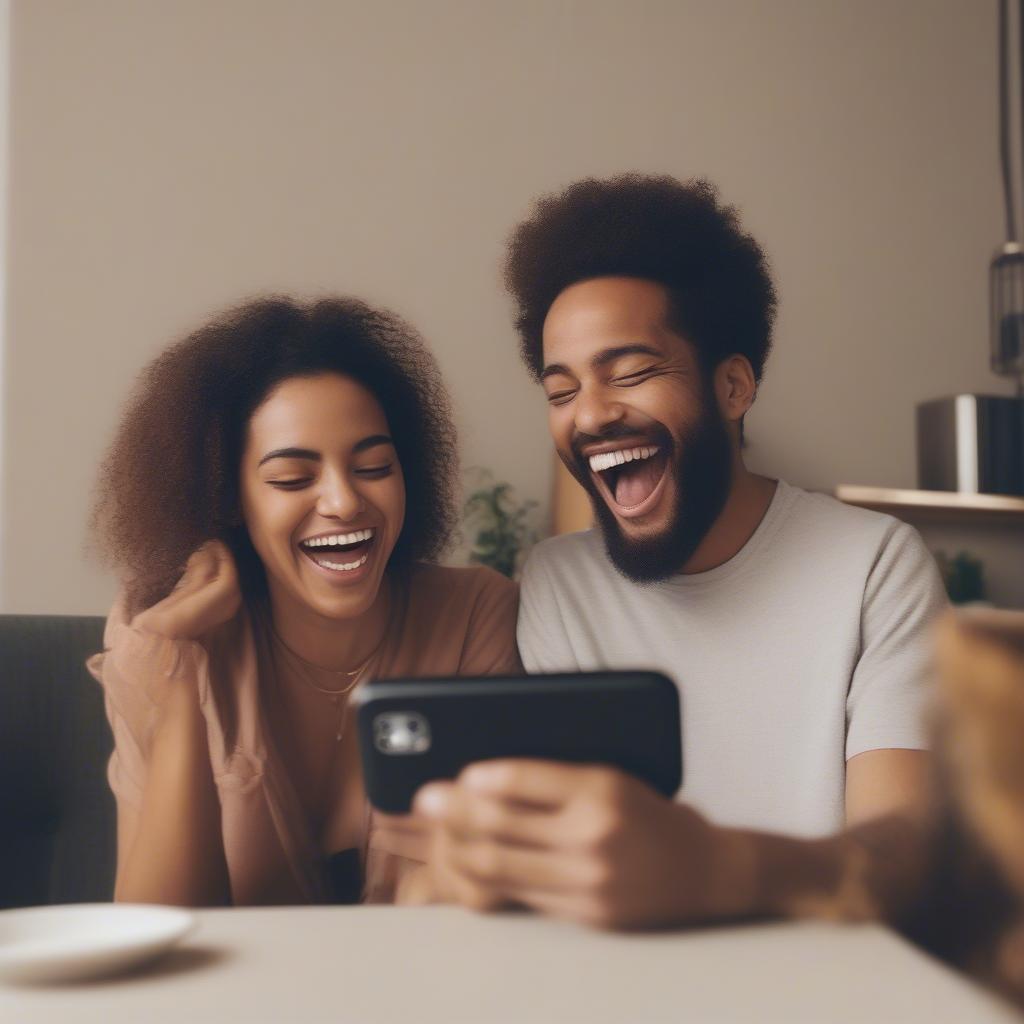 Couple laughing together while looking at a phone