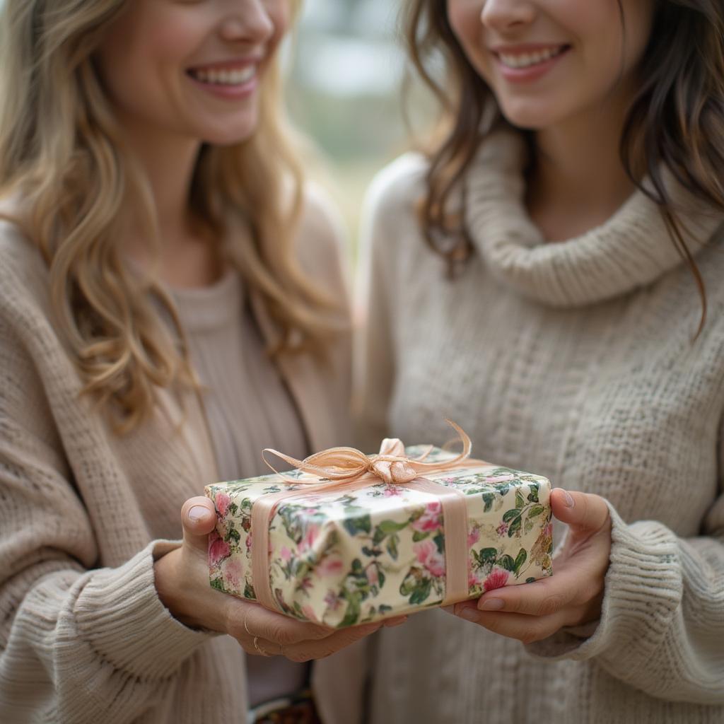 A woman gifting a book to her mother