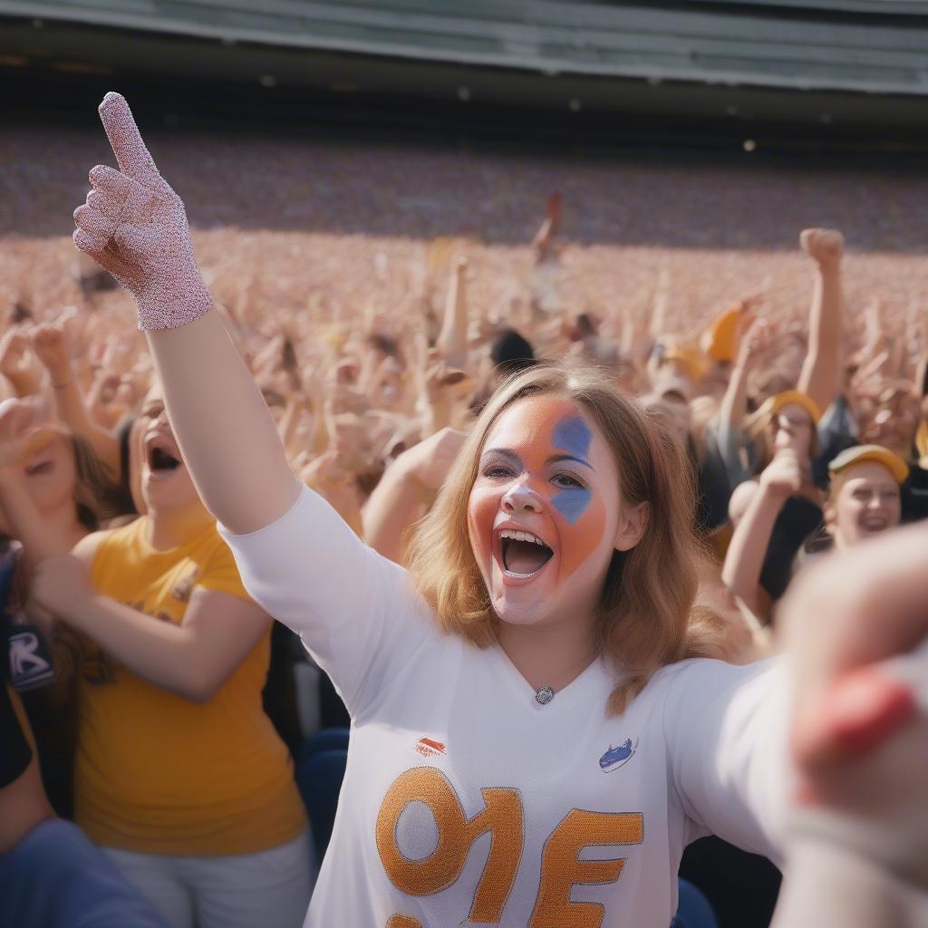 A girl enthusiastically cheers at a football game, wearing her team's jersey and holding a foam finger.