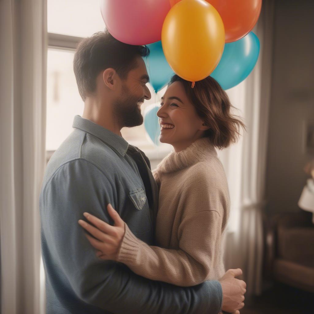 Couple hugging on a birthday