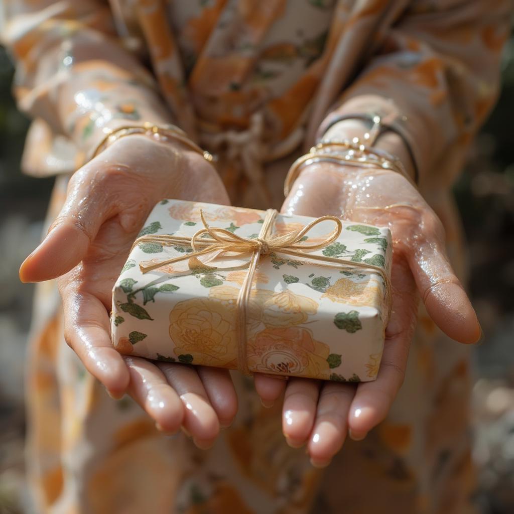 A person presenting a gift wrapped in traditional Japanese paper, representing a thoughtful gesture of love and affection.