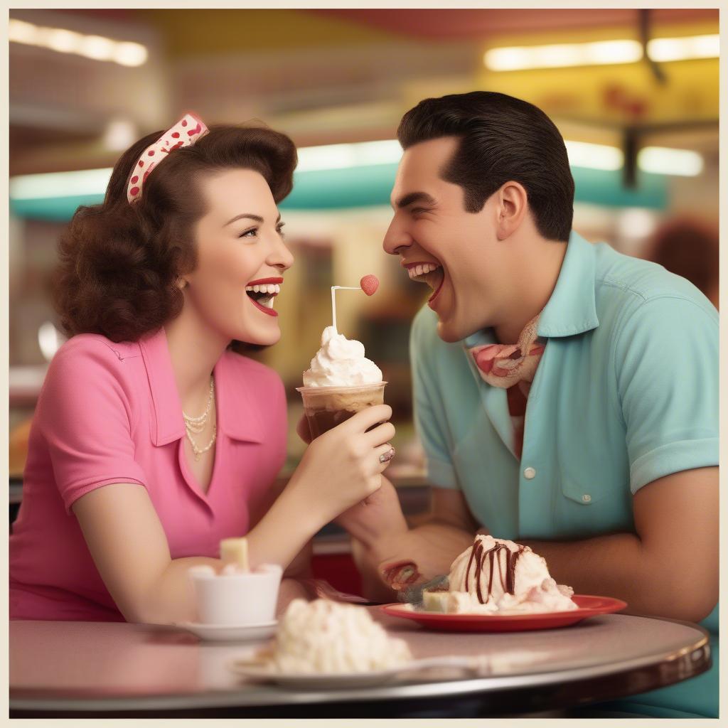 Couple laughing while sharing a banana split, demonstrating the playful nature of a nanas love quotes.