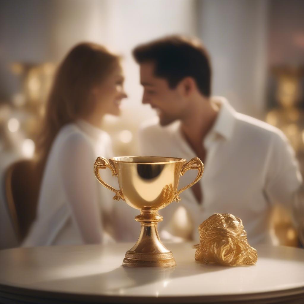 Couple Embracing with Gold Cup in Background