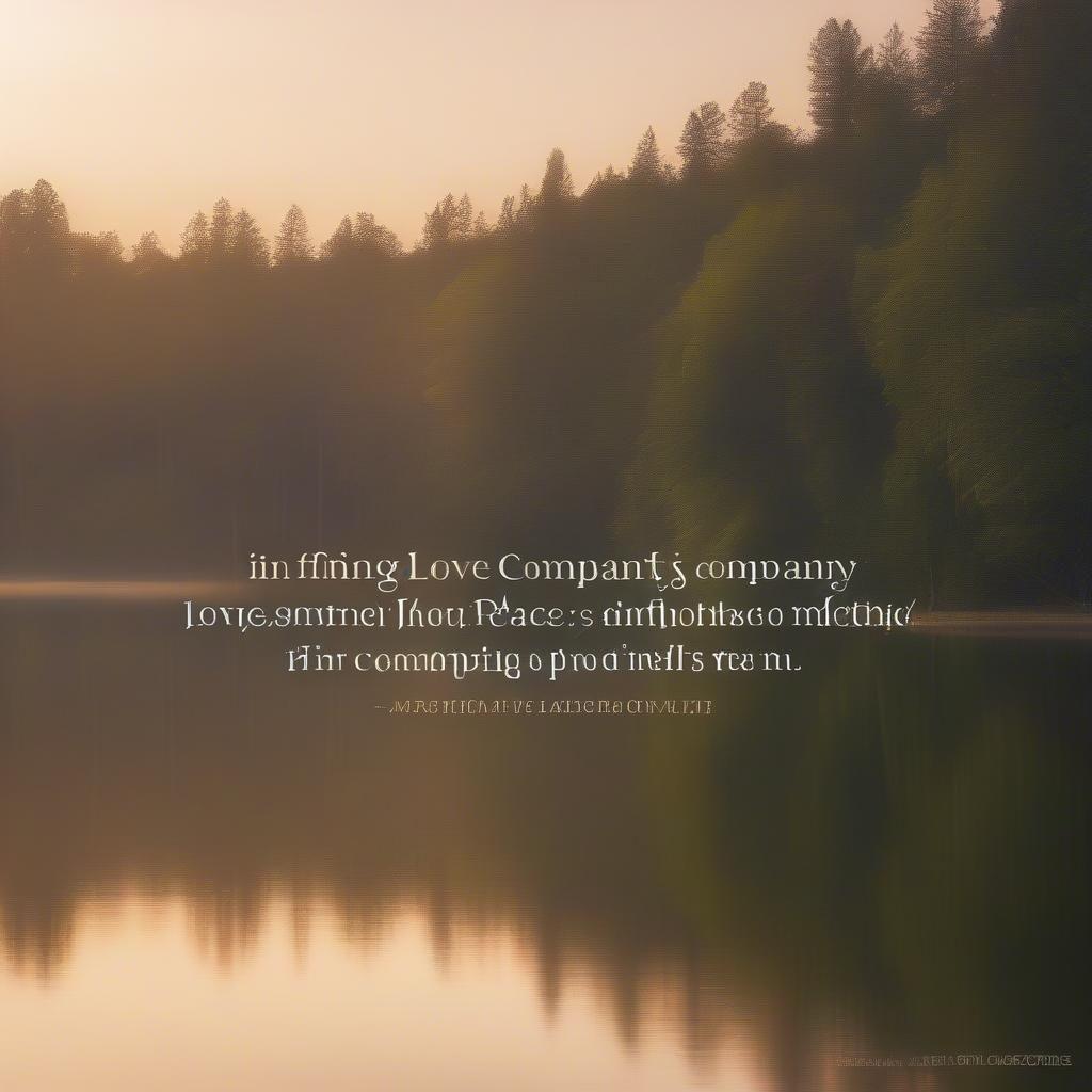 Calm lake at sunrise with quote about peace and love