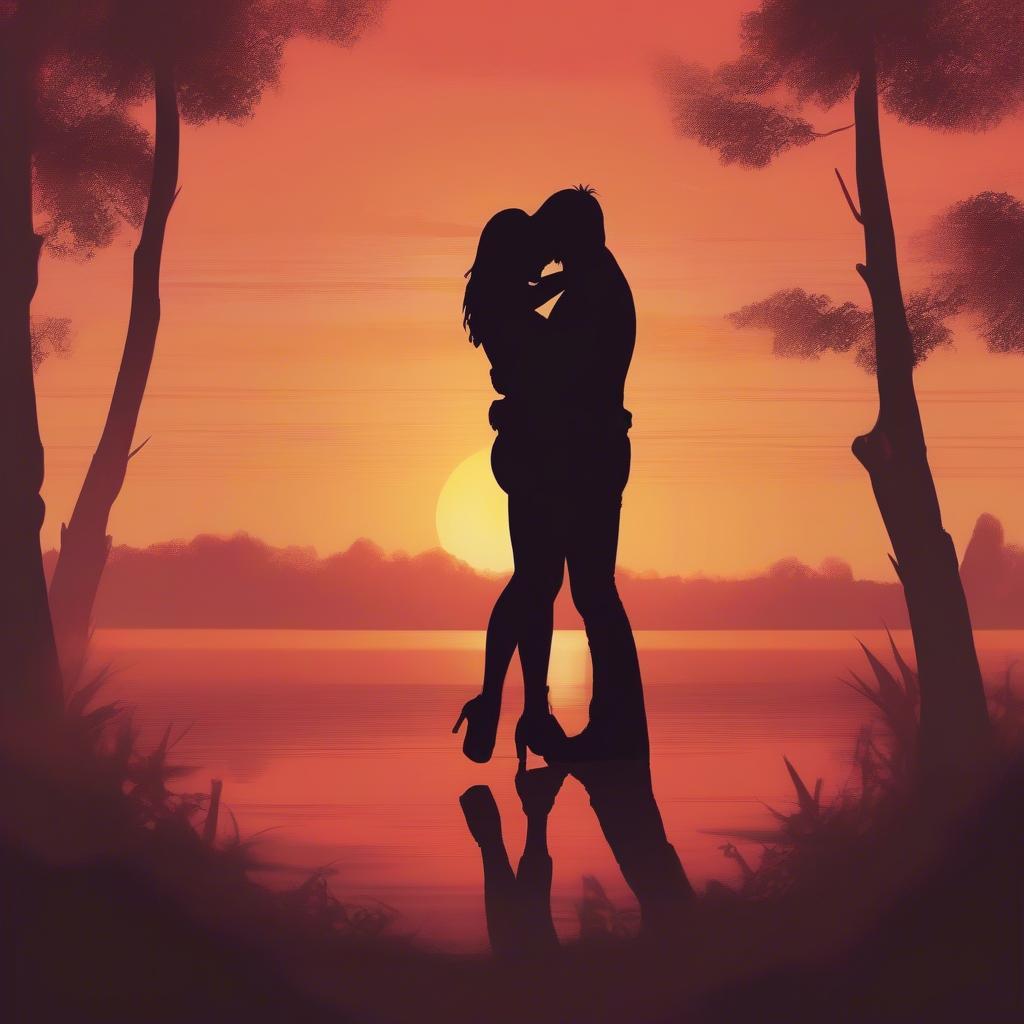 Couple embracing with a sunrise backdrop