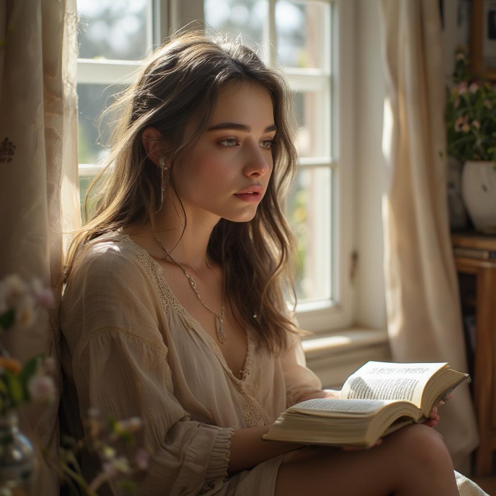 Woman finding comfort in a book of quotes during a difficult breakup