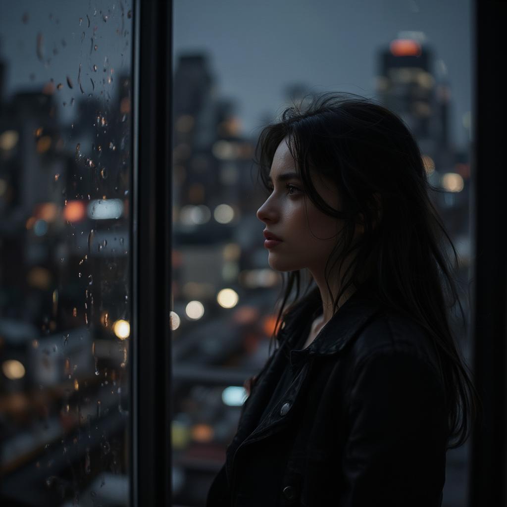 Woman looking out a window with a melancholic expression