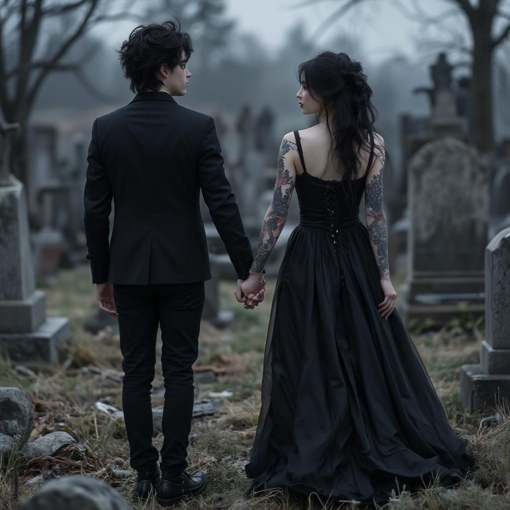 A goth couple holding hands in a graveyard, showcasing their connection and comfort in unconventional settings.