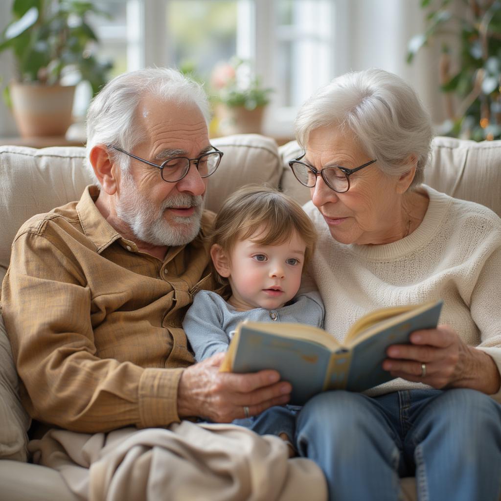 Grandparents reading a book to their grandchild