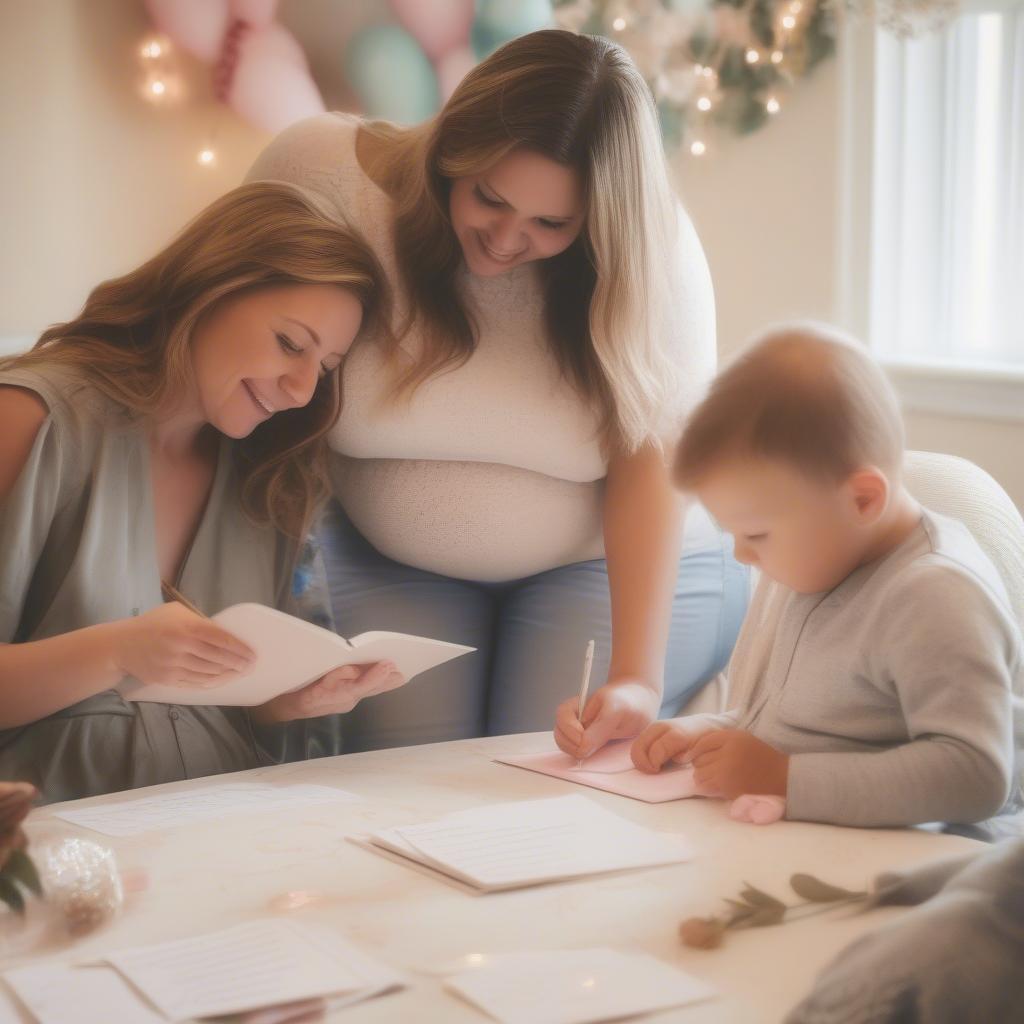 Guests writing heartfelt baby shower messages.