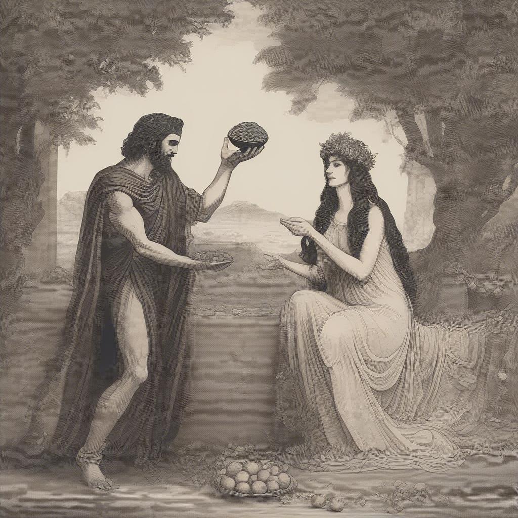 Hades offering Persephone pomegranate seeds