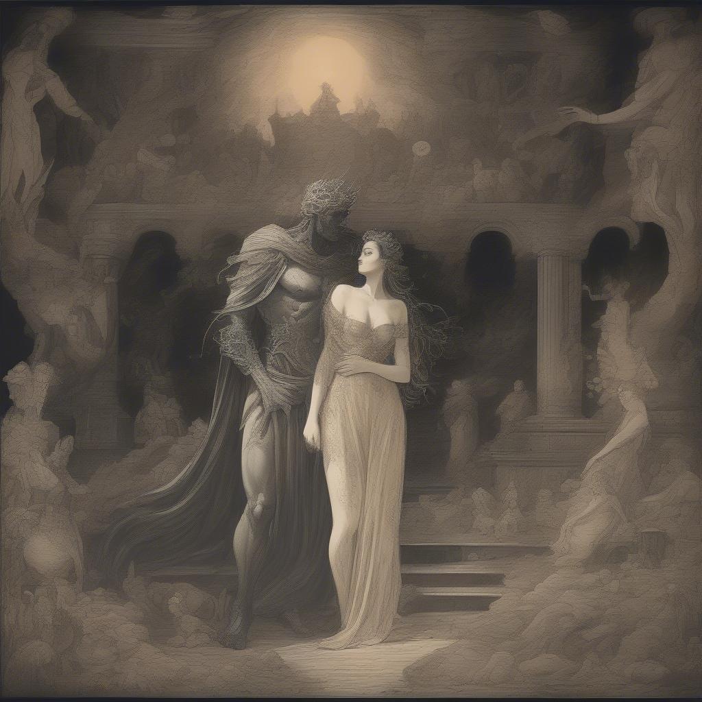 Hades and Persephone embrace in the Underworld