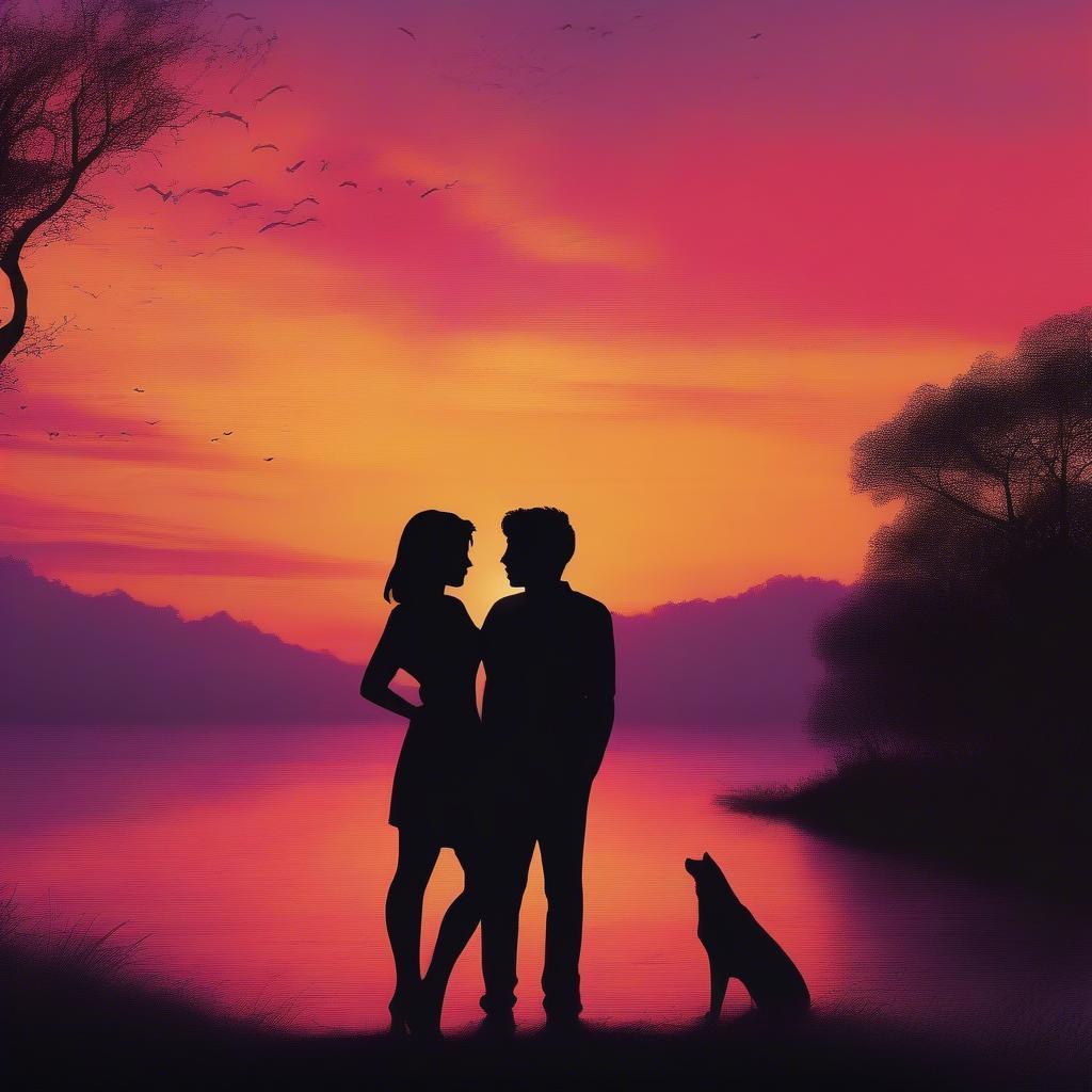 Couple silhouette gazing at the sunset, representing the feeling of being half in love.