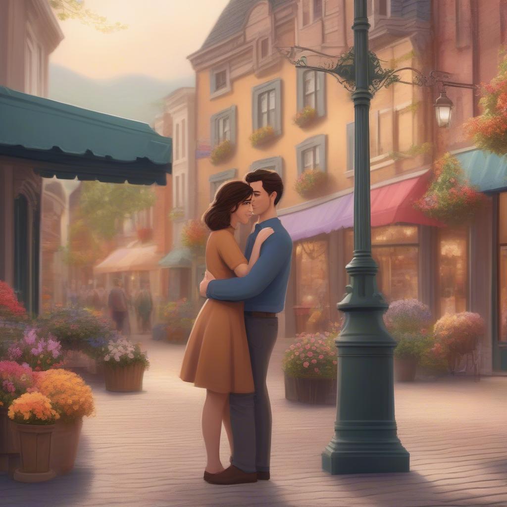 Couple embracing in a picturesque town square