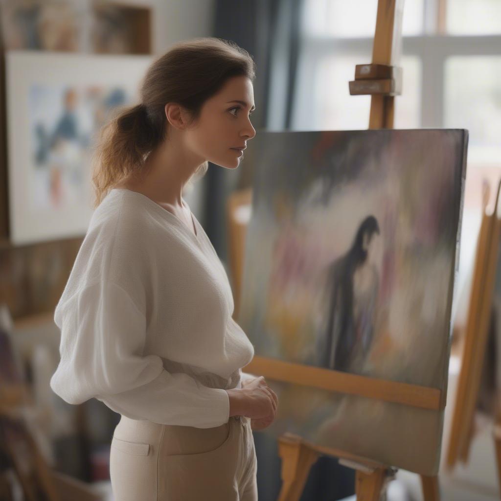 A woman looking thoughtfully at a painting in an art studio