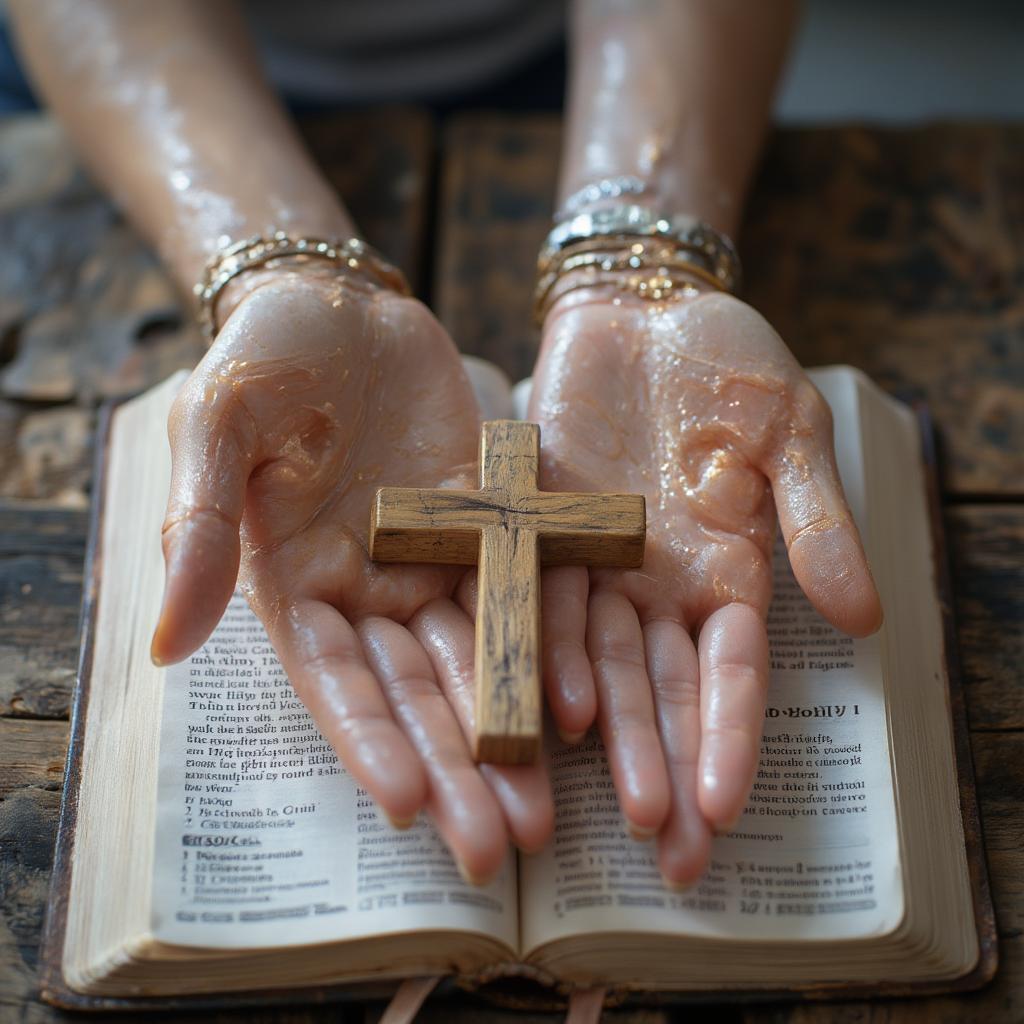 Hands Holding a Cross on a Bible