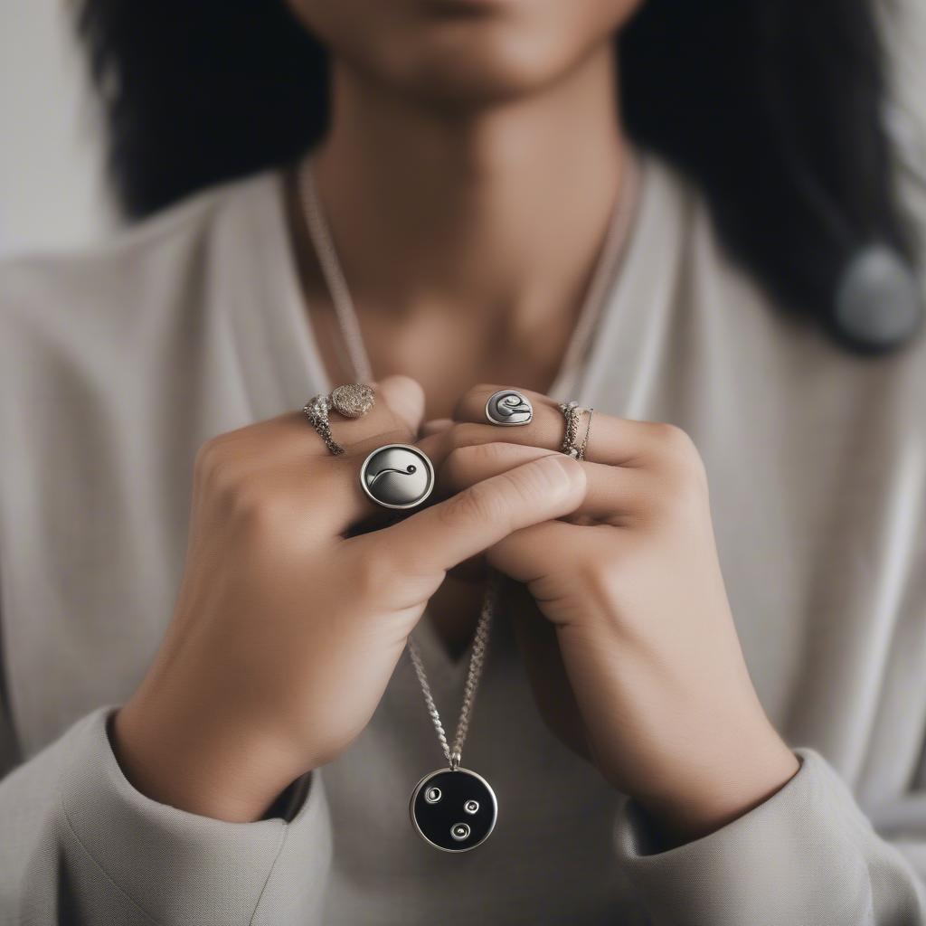 Couple Holding Hands with Yin Yang Necklaces