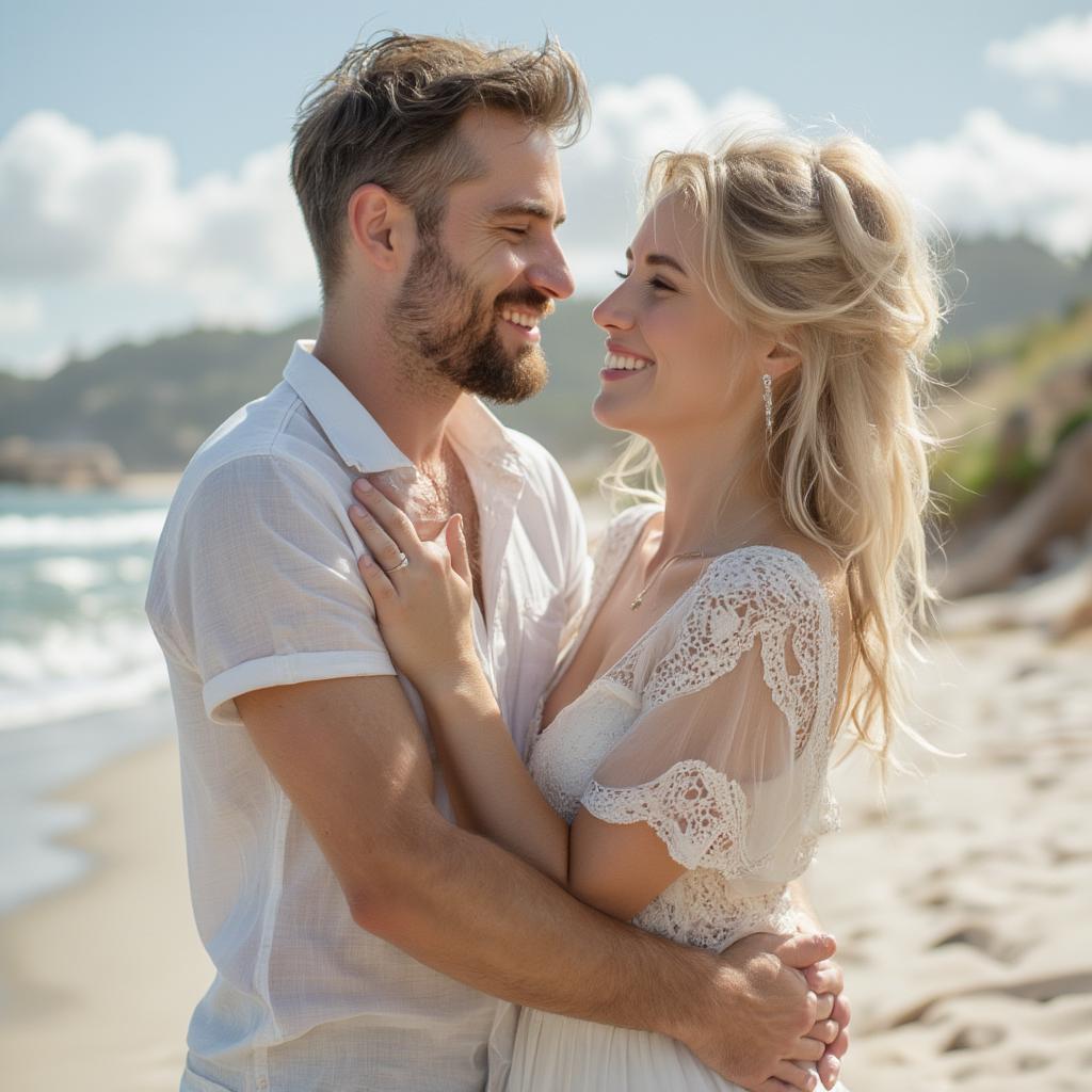 A happy couple embracing on the beach, symbolizing their rekindled love and strong bond