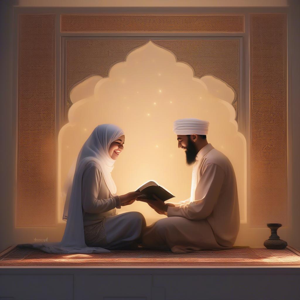 A happy Muslim couple sits together, reading the Quran, bathed in warm, inviting light.