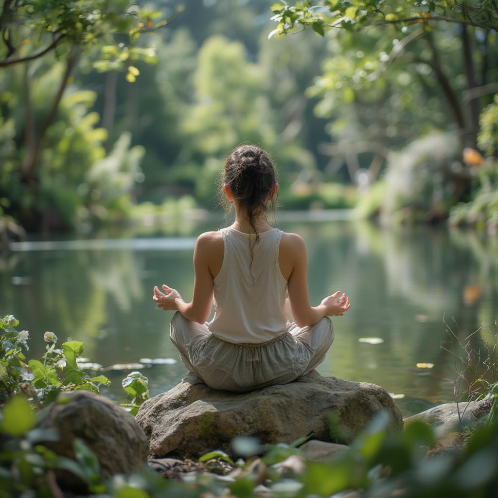 A person meditates peacefully by a calm lake, surrounded by nature, depicting the healing power of solitude.