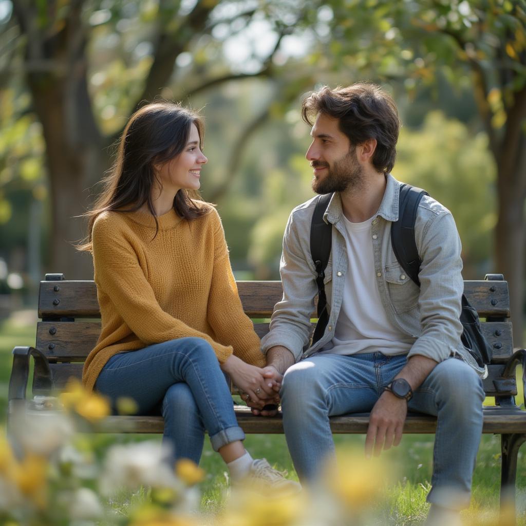 Couple talking openly and honestly, holding hands, sitting on a park bench