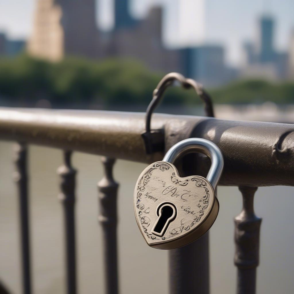 A heart-shaped lock attached to a bridge railing, symbolizing everlasting love.