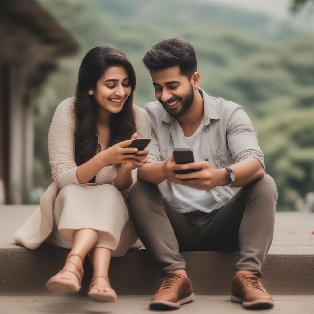 A couple sitting together, smiling, and looking at a phone, sharing Hindi love quotes with each other.