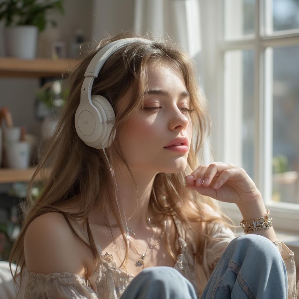 Woman listening to music on headphones, finding solace and connection through love song lyrics.