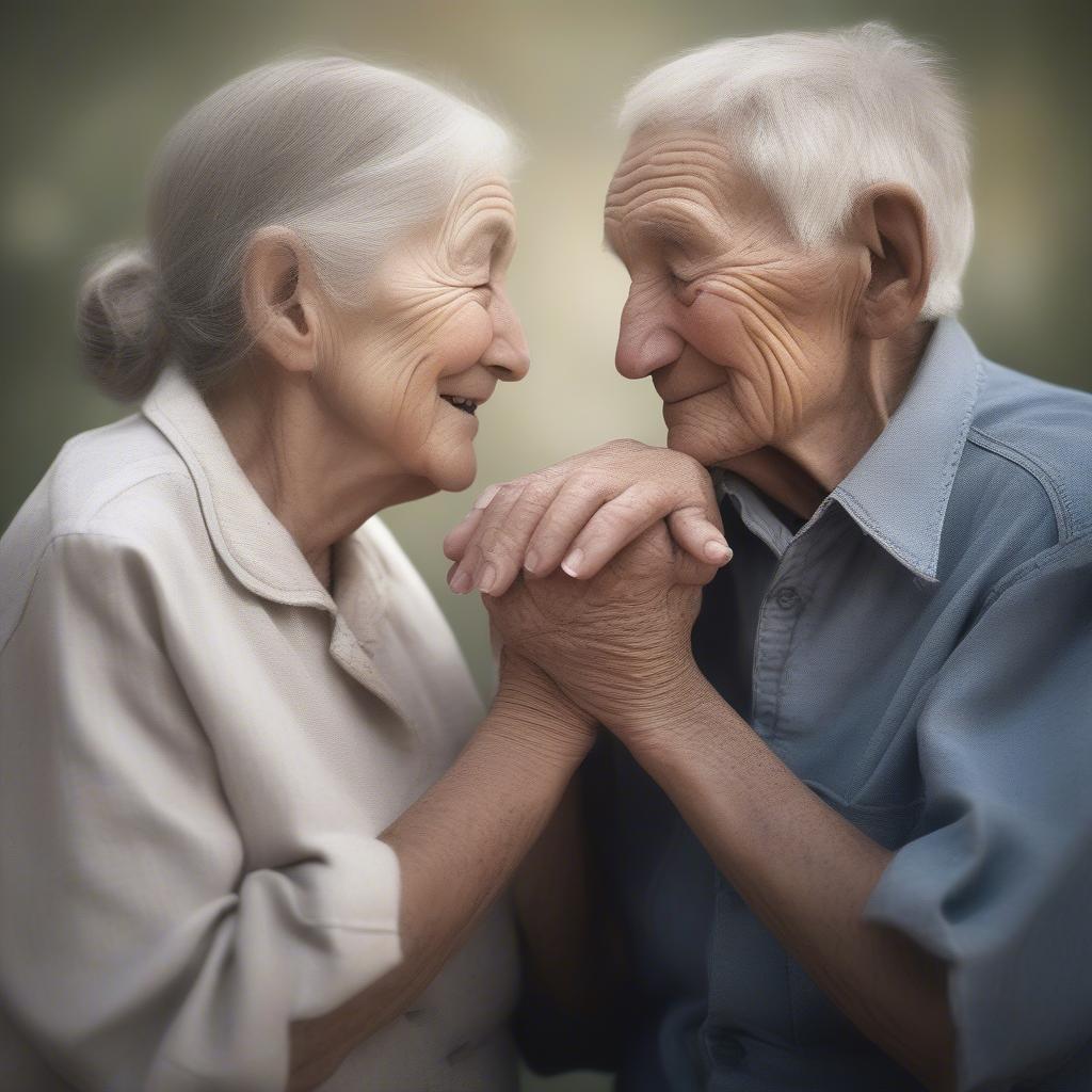 An elderly couple holding hands, representing lifelong love and companionship