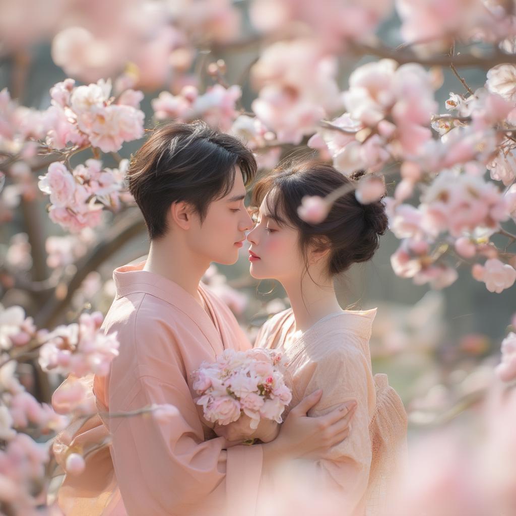 A couple embracing under a cherry blossom tree, symbolizing love and affection in Japanese culture.