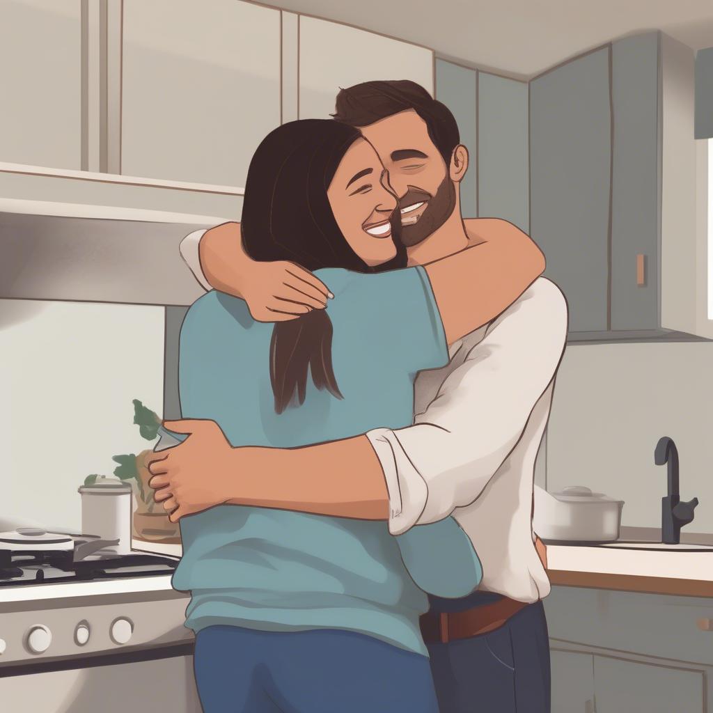 A wife giving her husband a loving hug from behind, symbolizing support and affection.